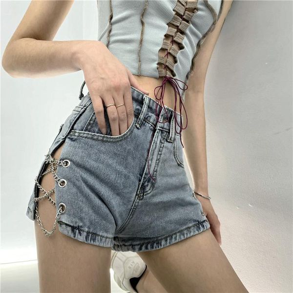

summer personality side slit metal chain denim shorts women's jeans, Blue