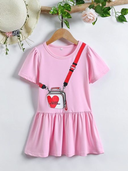 

toddler girls slogan & bag print puff sleeve ruffle hem dress she, Red;yellow