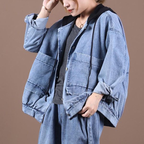 

women's jackets [ewq] 2021 spring autumn denim jacket knitting hooded patchwork single breasted double packet coat women large size 3ak, Black;brown