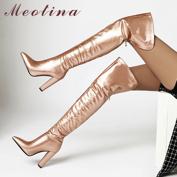 

meotina over the knee boots women shoes pointed toe thick heels fashion long boots zipper super high heel thigh boots winter 43 210520, Black