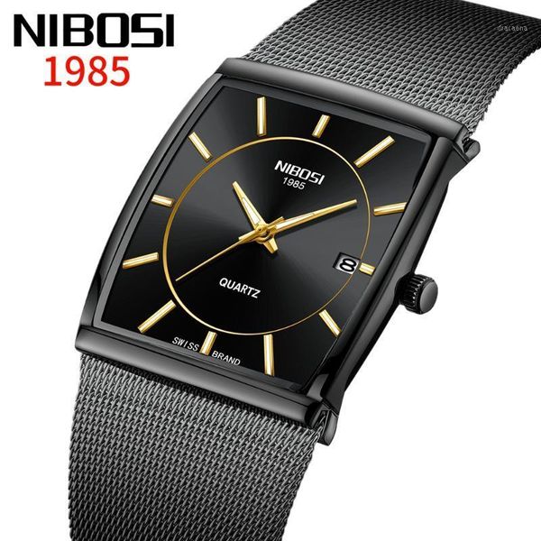 

wristwatches 2021 nibosi brand mens watches original unique design square wide big dial casual mesh strap quartz watch men male sport, Slivery;brown