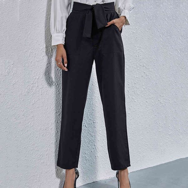 

pants black long pants women 2021 spring fall straight leg lace up high waist with pockets ladies office lady casual elegant trousers ey74, Black;white