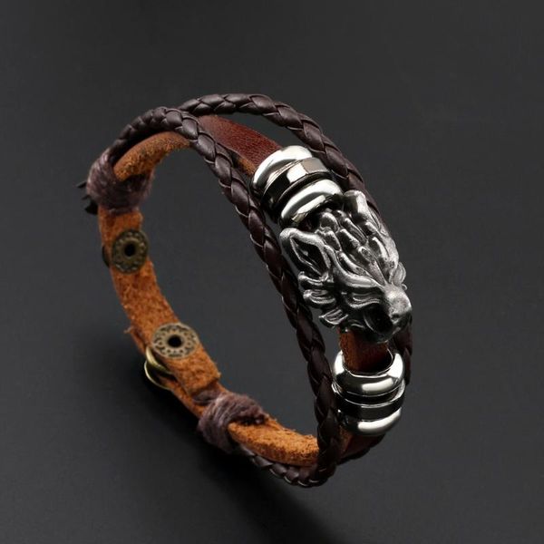 

charm bracelets 2021 fashion jewelry vintage multilayer lion pattern genuine leather bracelet simple diy beads weave cuff for women, Golden;silver