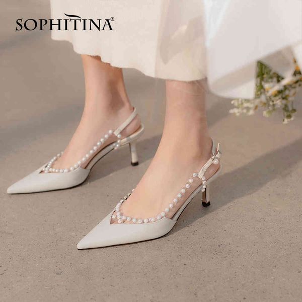 Sophitina Sweet Style кожаные женские каблуки насосы обувь базовая тонкая струна бусина свадьба белый жемчуг лето остроконечные насосы фоу135 210513