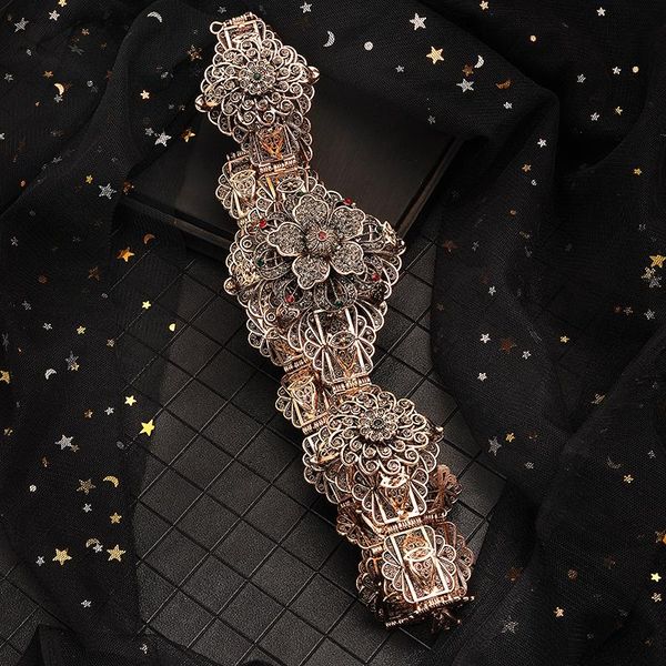 

vintage color belt with black rhinestone moroccan style wedding decoration waist chain ladies hollow floral jewelry belts, Black;brown