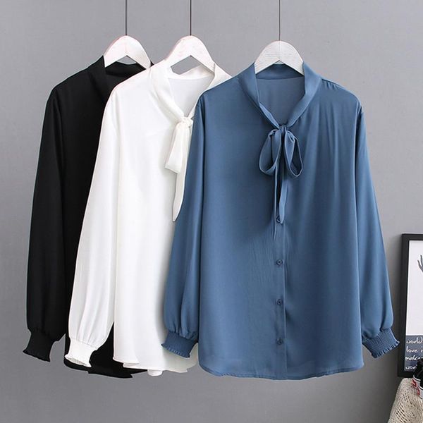 

women's blouses & shirts oversized women chiffon blouse spring summer loose bow female long-sleeved shirt solid casual work clothes wh, White