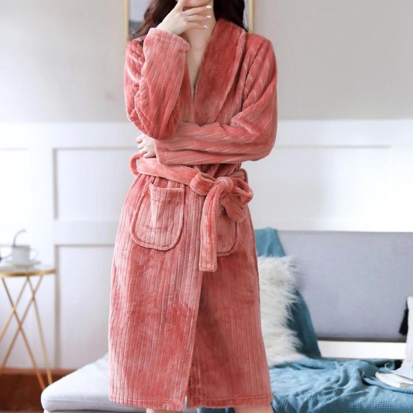 

women's sleepwear flannel velvet bathrobe robes pajamas solid home clothes women bandage pocket warm night dress dressing gowns, Black;red