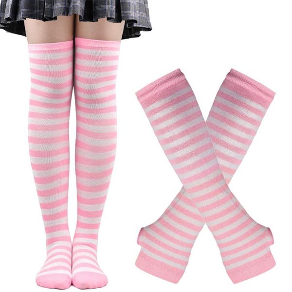 

five fingers gloves 40gc womens striped knee high socks stretchy set thumb hole long fingerless stockings for christmas, Blue;gray