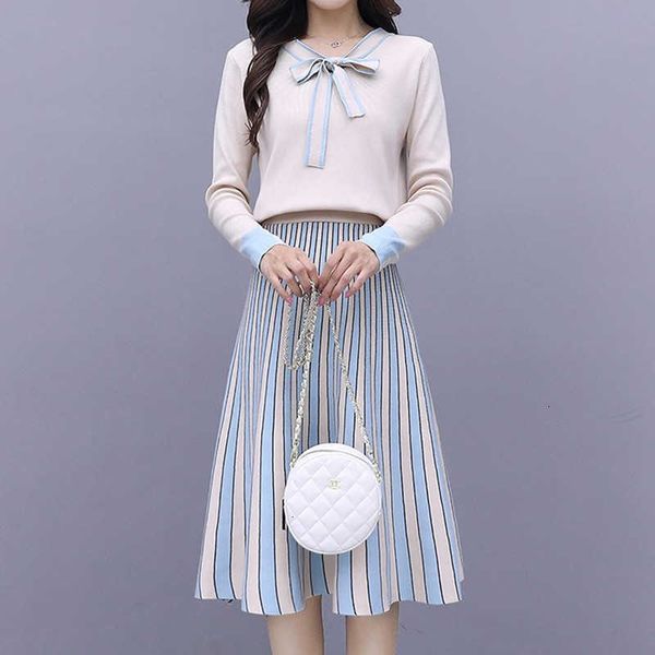

two piece dress elegant bow striped knitted skate women autumn black warm sweater winter short vestidos eqq0, White
