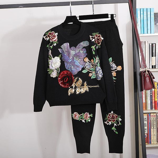 

women's two piece pants fashion sequins embroidery flowers knitted tracksuits women outfits loose casual black gray knit sweater long s, White