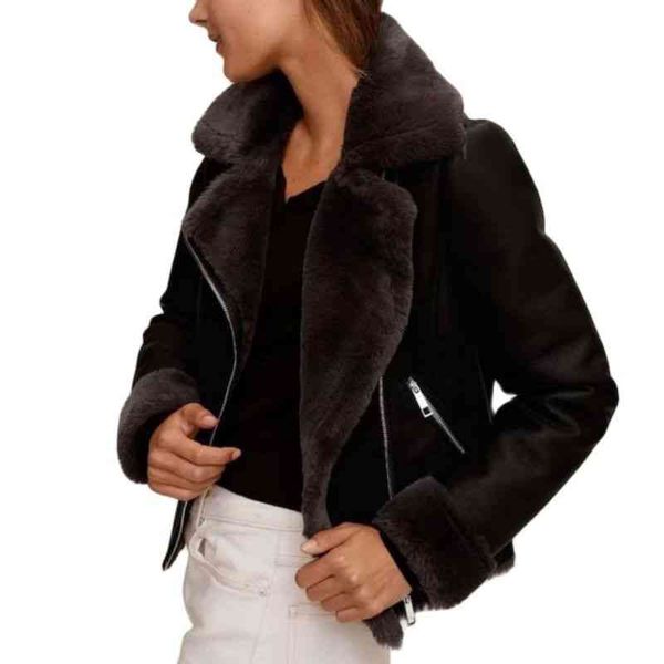 

2021 winter women's sheep et, thick wool coat, elegant, black, zipper, motorcycle, Black;brown