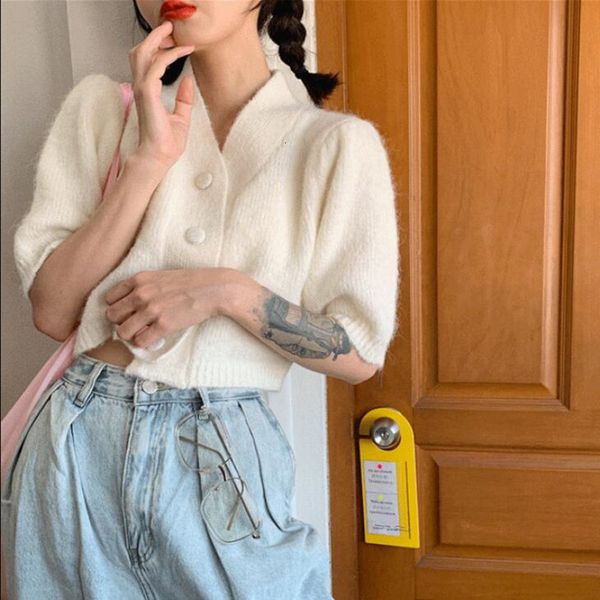 

tees sweet neckline in v puff women's cardigan mesh 2021 spring summer sweater short ladies'sweater, White