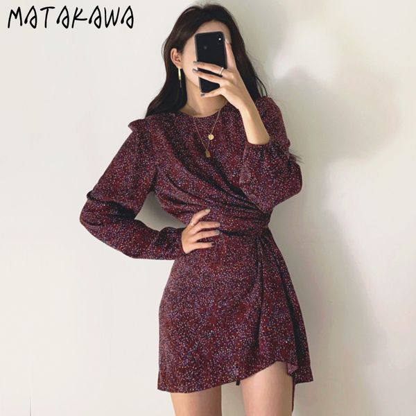 

matakawa vintage round neck polka dot women dress irregular drawstring slim waist vestidos was thin long sleeve dresses 210513, Black;gray