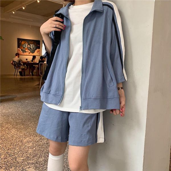 

[cotton] summer fashion sports suit women tracksuits hong kong style retro student short sleeved shorts loose two piece, Gray