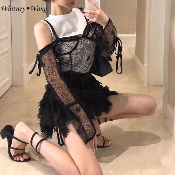 

women's blouses & shirts whitney wang 2021 autumn fashion streetwear 2 pieces patchwork lace blouse women blusas shirt, White