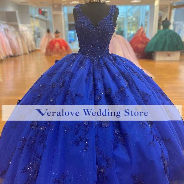 Vestidos de XV Años Royal Blue Quinceanera Vestidos com 3D Flores Applique CORSET TOP BOLY BALL VESTIDO Doce 16 Vestido