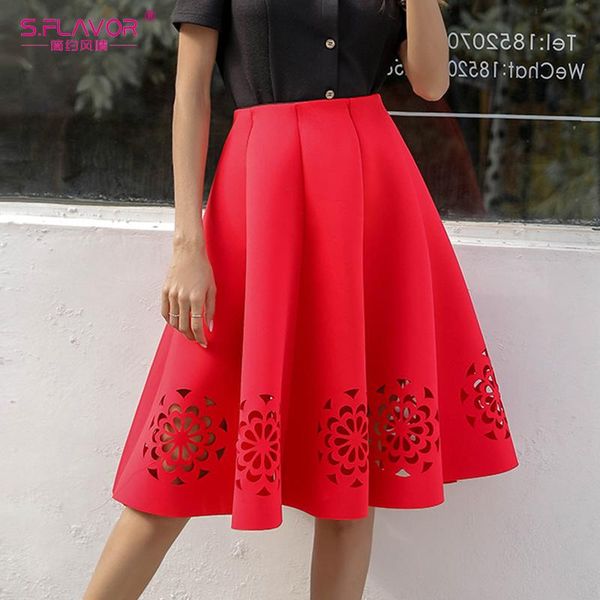 

s.flavor women autumn casual solid flowers hollow out skirts elegant party a line skirt winter high waist pleated saias, Black