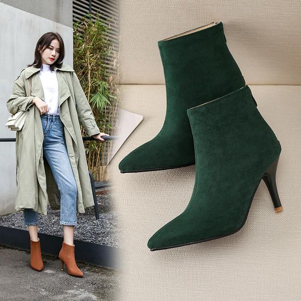

boots spring autumn stiletto thin high heels pointed toe faux suede zipper style ankle womens bota feminina, Black