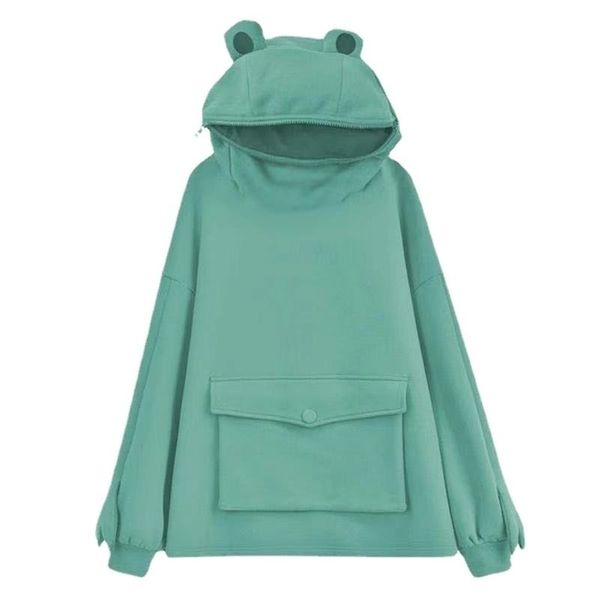 

new chic frog hoodie women's plush medium length loose lazy style 2021 korean jacket women's, Black