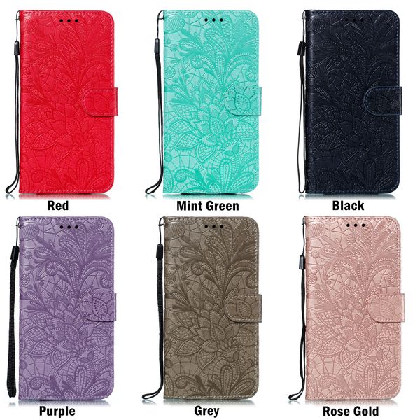 Brieftaschen-Handyhüllen für iPhone 13 12 11 Pro Max XR XS X 7 8 Samsung Galaxy S21 S20 Note20 Ultra Noto10 S10 Plus Spitze Blumenmuster PU-Leder stoßfeste Schutzhülle