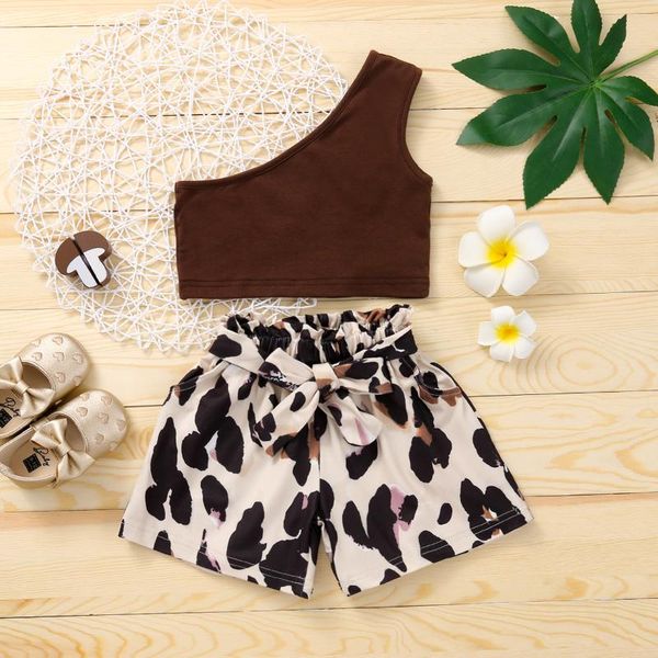 

clothing sets 2021 toddler girls 2pcs summer outfits, sleeveless one shoulder crop + leopard belted shorts set,kids fall spring clothes, White