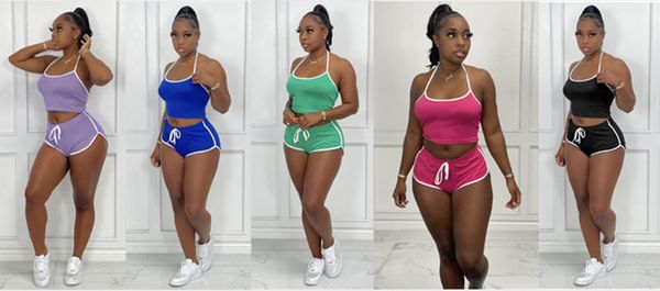 

summer women biker jogger suits sleeveless outfits plus size 2xl tracksuits backless tank shorts two piece set black fitness sportswear casu, Gray