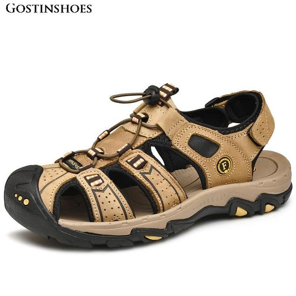 

sandals sandalias large size casual genuine leather closed toe anti slip sandales man summer shoes, Black