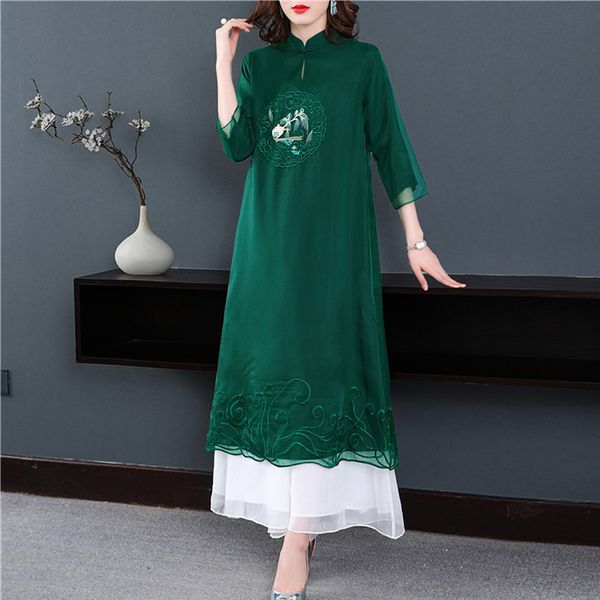 

capris elegant 1950s style 2021 spring summer women vintage embroidery three quater sleeve mid-calf loose blue green xxl, Black;gray