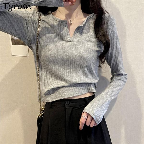 

women's t-shirt long sleeve t-shirts women cute v-neck temperament cropped korean fashion clothing slimming leisure tees solid harajuk, White