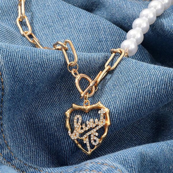 

fashion heart necklaces womens metal pearl chain girlfriend love alphabet letters rhinestone pendant jewelry for girls, Silver