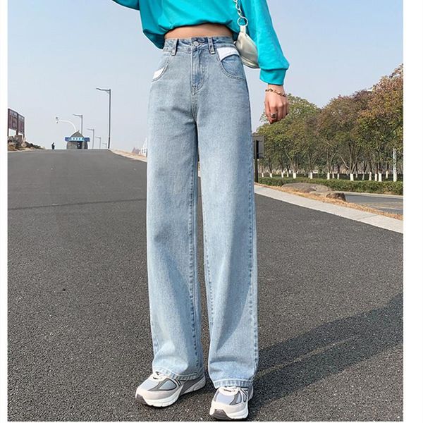 

women's jeans autumn winter high-rise loose-fitting casual wide-leg 2021 classic design personalized pocket two-color trousers, Blue