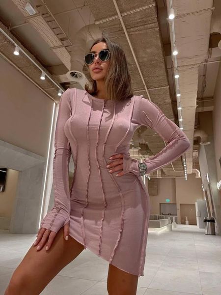 Abiti casual Donne abiti da patchwork aderenti a fitting cerotto solido colletto rotondo manica lunga nera/ beige/ caffè/ rosa 2021 stile di alta qualità