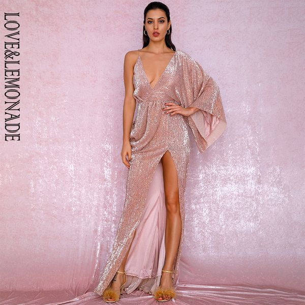 

2021love&lemonade rose gold v-neck single sleeve sequins split party maxi dress lm81848, Black;gray