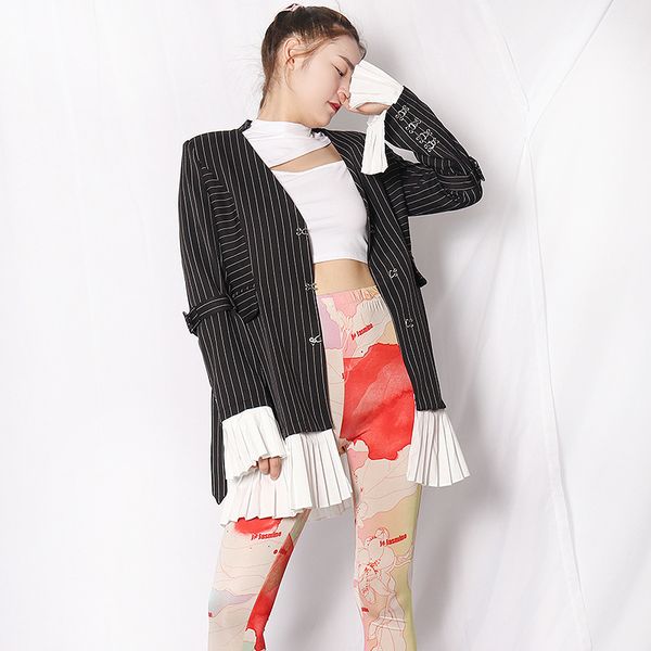 

suits temperament striped blazer for women notched long sleeve sashes patchwork pleated casual blazers female fashion, White;black