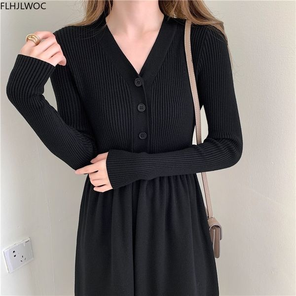 

casual dresses s french style fashion fenimine vestidos women long sleeve v neck single breasted button knitted sweater d0900 8m28, Black;gray