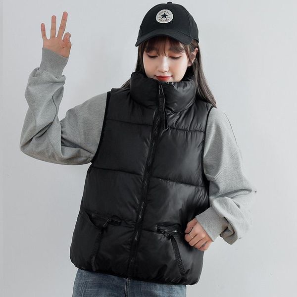 

women's vests 2021 women vest short coat sleeveless winter jacket stand collar waistcoat female cotton padded parkas snow wear, Black;white