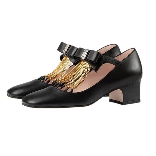 

low heel crystal square toe shoes tassel gold chain butterfly-knot t-strap elastic band high heels large size34-43 dress, Black