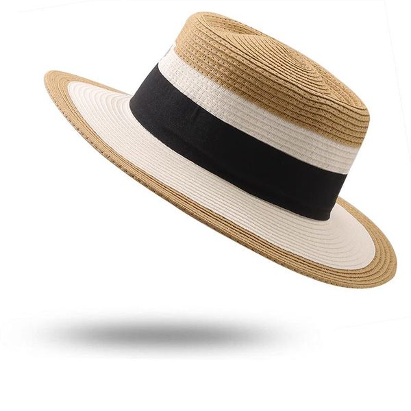 

wide brim hats classics fashion contrast color flat straw fedora hat vintage casual panama elegant summer beach caps, Blue;gray