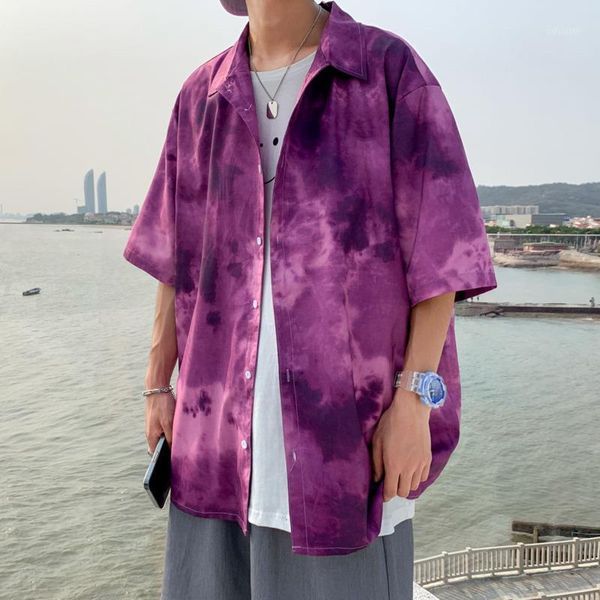 

summer short-sleeved shirts men's fashion printed casual men streetwear korean loose tie-dye mens hawaiian, White;black
