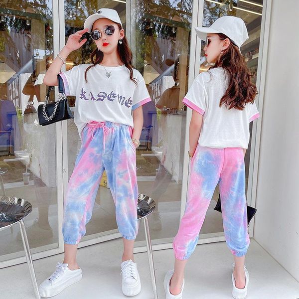 

clothing sets girls' hip-hop loose tie-dye pants suit 2021 summer korean big boy fashion kids clothes two-piece for children, White