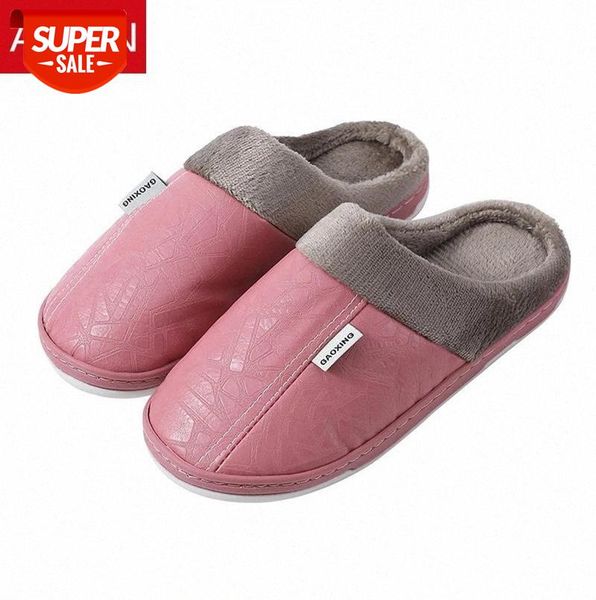 

asifn home women fur slippers pu leather men warm winter shoes indoor non-slip sepatu pria mules zapatos de mujer ladies #s428, Black