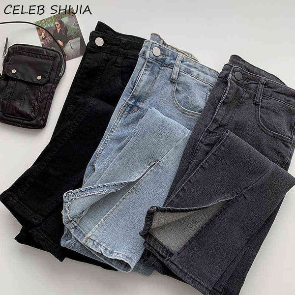 

shijia split straight pants woman stretchy denim jeans black high waisted bottom harajuku summer female trousers 211129, Blue