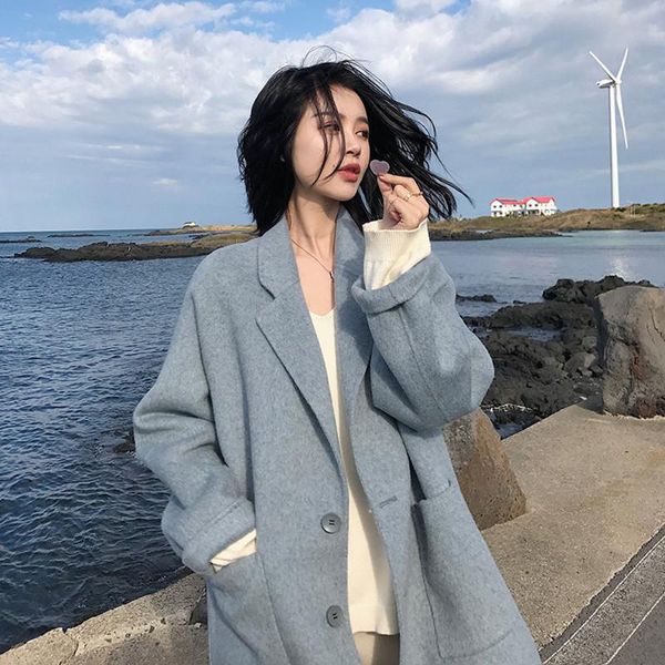 

women's wool & blends casual woolen coat for autumn and winter 2021 style, fashionable lapel mid-length haze blue coat. loose blend, Black