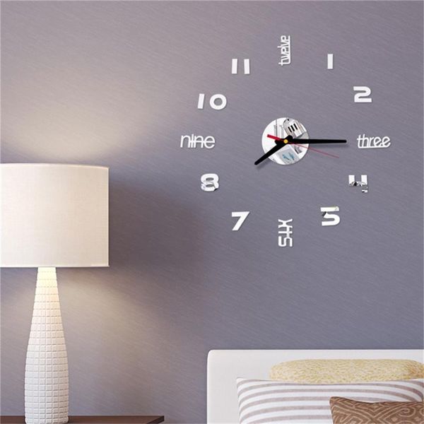 

wall clocks 3d silver modern acrylic mirror clock 1pc self adhesive sticker simple home decor 0305#30