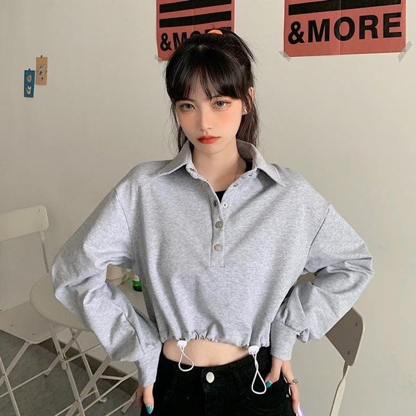 

women's hoodies & sweatshirts fall/winter sweatshirt short pure color lapel button simple slim pullover casual sudadera mujer em*, Black