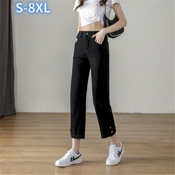 

women's jeans plus size 8xl high waist black pants for women white loose cropped straight-leg woman baggy, Blue
