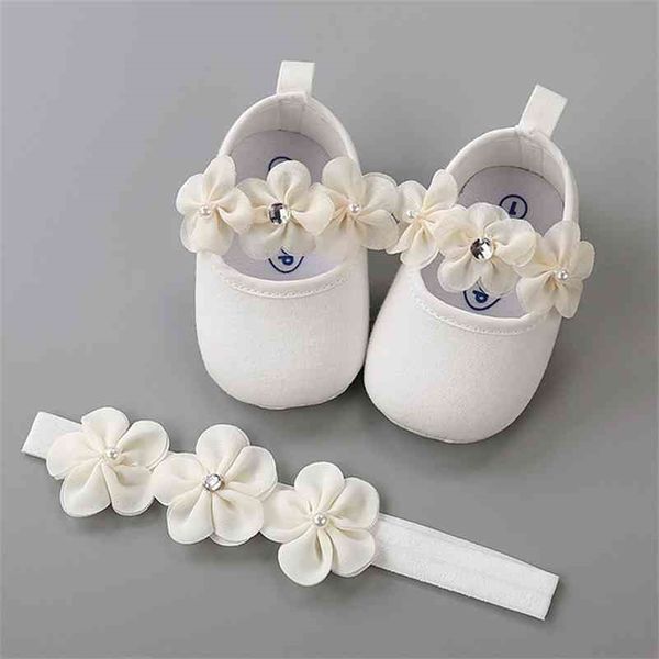 Headband algodão macio sola flor tênis conjunto para recém-nascido bebê menina batismo sapatos Batismo Fille First Walkers 210326