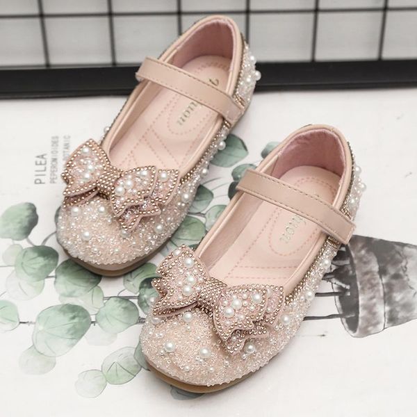 

flat shoes girls princess kids leather for flower fashion casual glitter children sandals bow pink silver 26-36, Black;grey