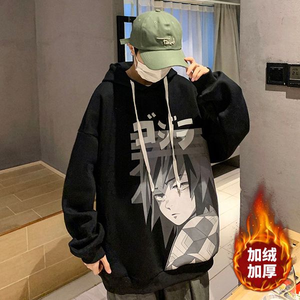 

men's hoodies & sweatshirts loose males thicken plush hoodies cotton casual jackets printed large size streetwear pullovers hip hop swe, Black