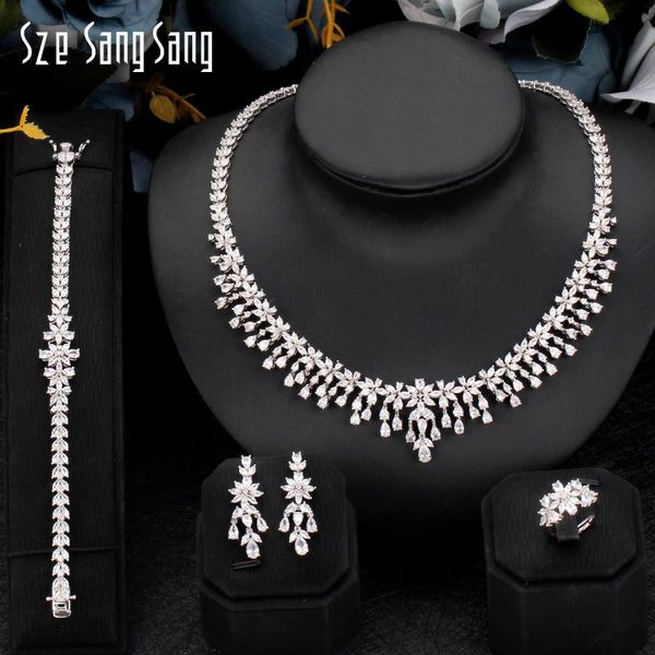 

earrings & necklace sze sang fashion brand women wedding jewelry set all studded with cubic zirconia beautiful bridal 4 pcs sets ring, Silver
